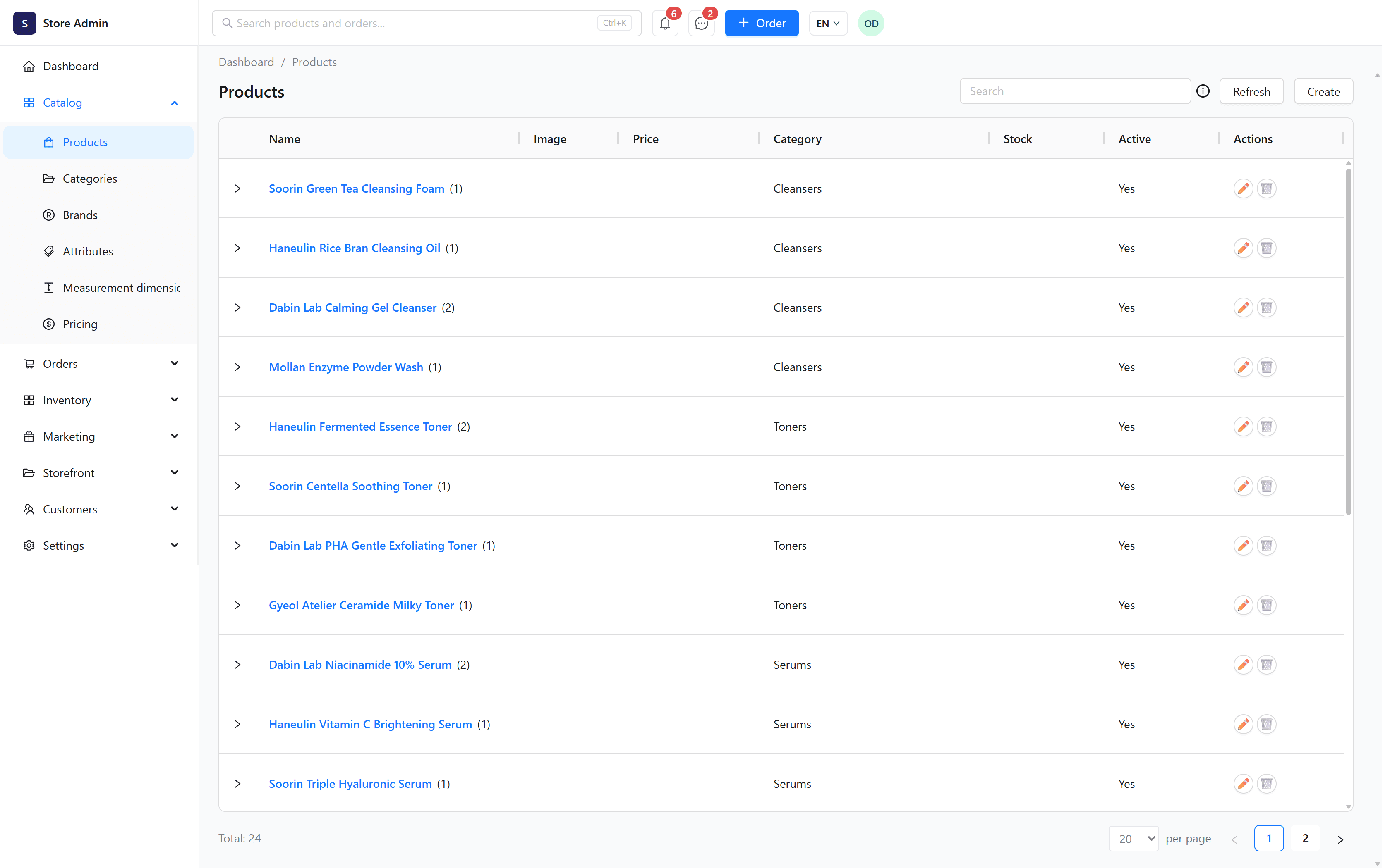 Zoreland admin panel: product list with categories and status